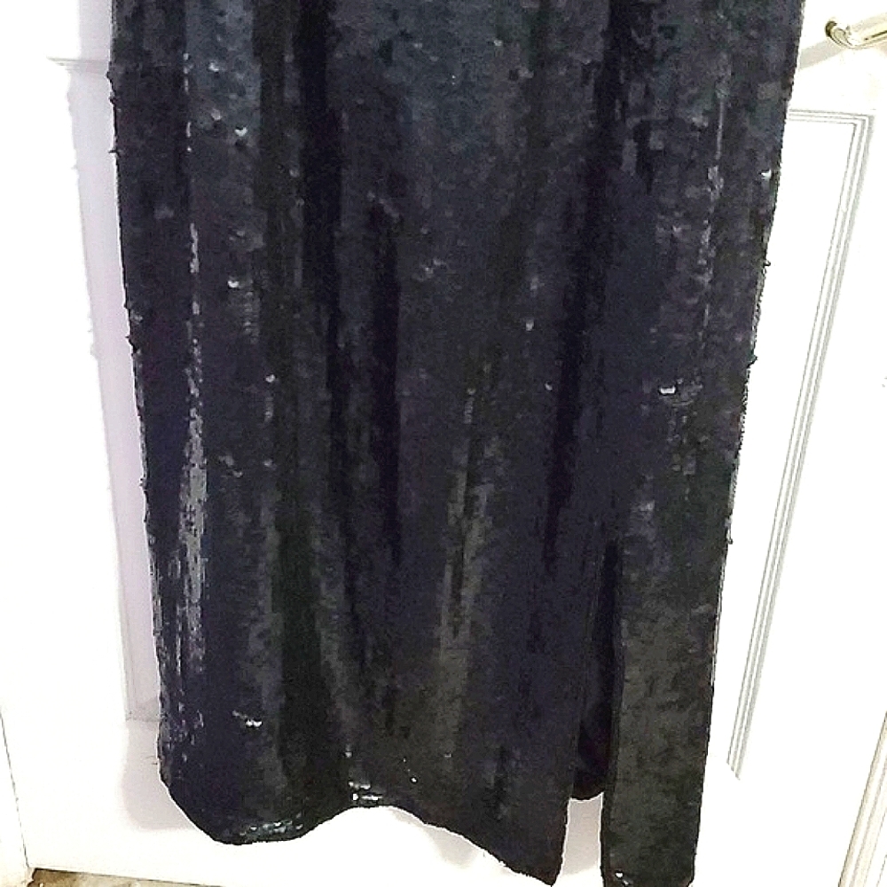 Essence Black Silk Sequined Evening Side Slit Shift Midi Dress Plus 26 - Picture 4 of 9